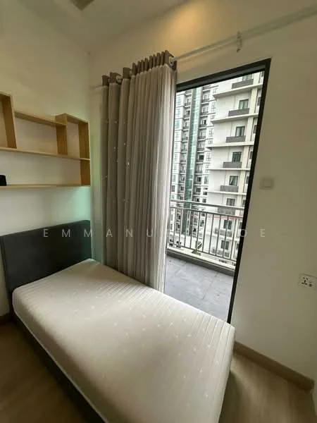 Bedroom features: single bed, wooden flooring, white walls, built-in shelving unit, curtains, floor-to-ceiling window, balcony access; style: modern; view: city.