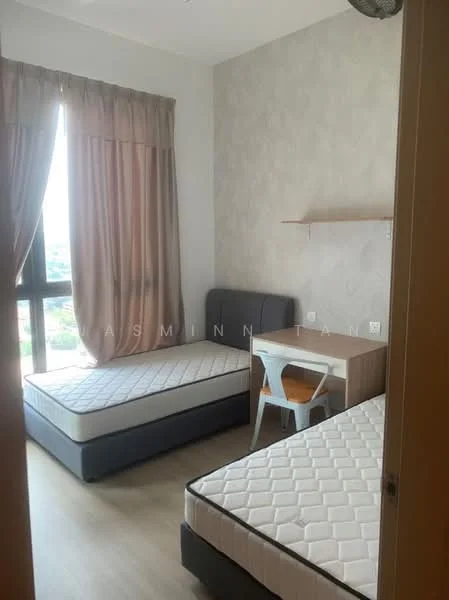 Bedroom features: two single beds with mattresses, grey upholstered headboard, wooden study desk, white chair, light grey painted walls, curtains in beige, floor-to-ceiling window, laminate flooring, shelf mounted on wall, ceiling fan; style: modern; view: city.