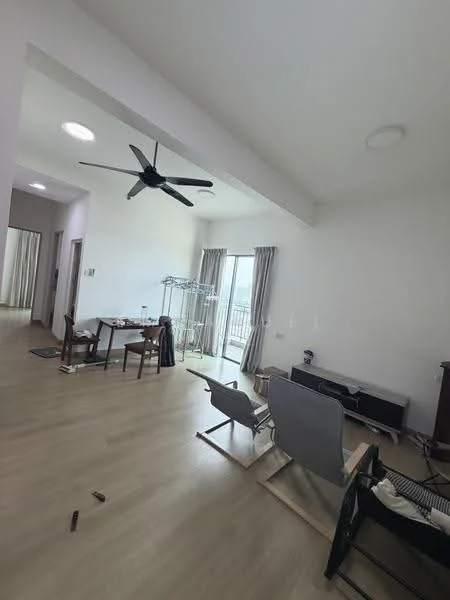 Living features: light wood flooring, white painted walls, exposed beams on ceiling, 5-blade ceiling fan, floor-to-ceiling windows, sliding glass door, dining table with chairs, TV console, sofa, laundry rack, decorative wall clock; style: modern; view: city.