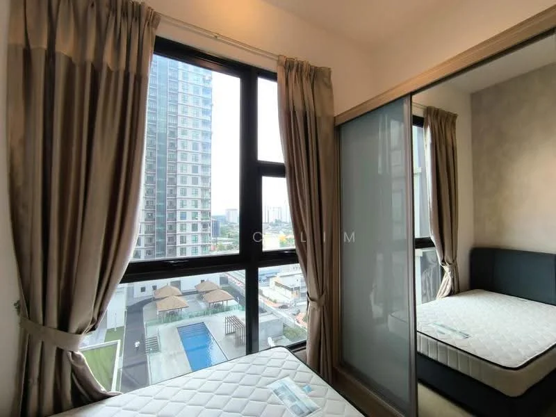 Bedroom features: floor-to-ceiling windows, grey curtains, queen-size bed, upholstered headboard, built-in wardrobe with sliding doors, decorative wall with neutral color, visible city skyline view, mattress on bed frame; style: modern; view: city.