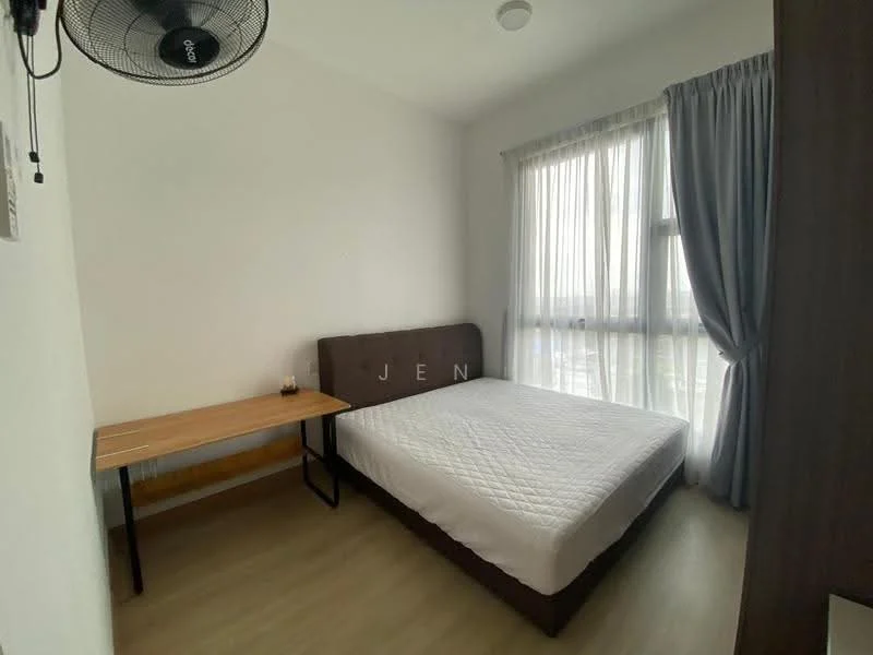 Bedroom features: queen-size bed with brown upholstered headboard, wooden bedside table, floor-to-ceiling windows, sheer curtains, light grey walls, light wood flooring, ceiling fan, desk with metal frame; style: modern.