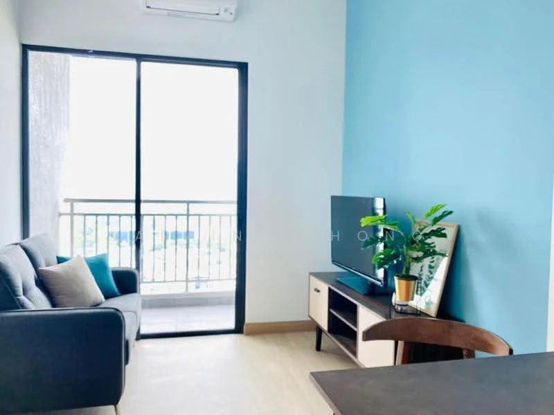 Living features: grey fabric sofa, wooden coffee table, TV console, wall-mounted TV, floor-to-ceiling sliding glass door, blue accent wall, light wood flooring, indoor plant in ceramic pot, decorative mirror; style: modern; view: city.