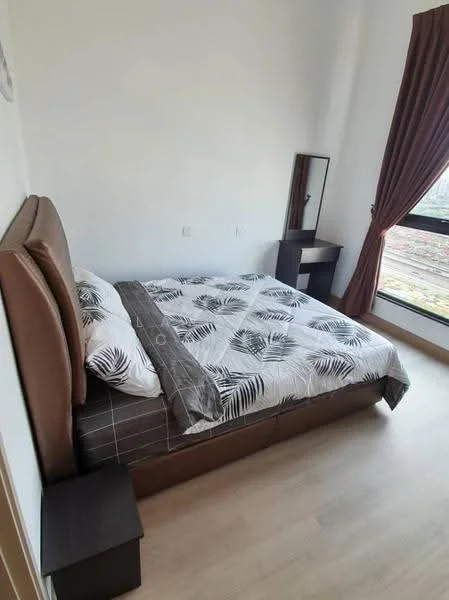 Bedroom features: king-size bed with upholstered headboard, bedding with leaf pattern, wooden bedside table, full-length mirror, large window with view, brown curtains, light wood flooring, white painted walls; style: modern.