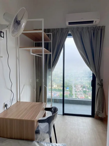 Study features: wooden desk, grey upholstered chair, wall-mounted shelving unit, floor-to-ceiling window, curtains, wall-mounted split AC, laminate flooring, city view; style: modern; view: city.