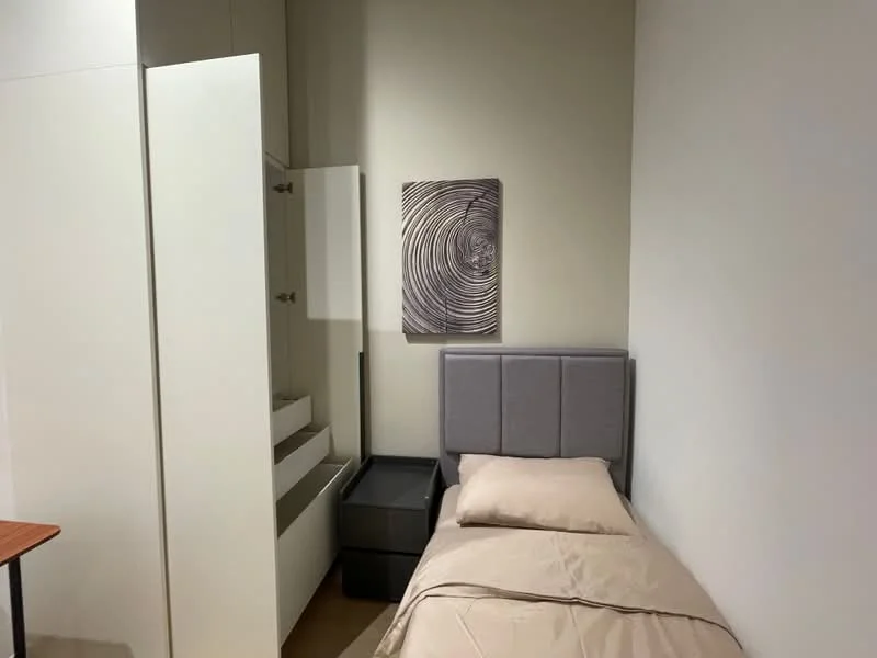Bedroom features: single bed with grey upholstered headboard, bedding in neutral tones, built-in wardrobe with sliding doors, decorative wall art, wooden bedside table, laminate flooring, plain white walls, soft lighting; style: modern.