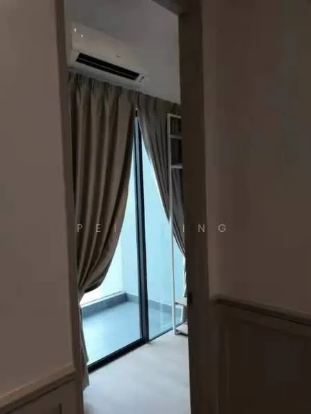 Room features: floor-to-ceiling sliding glass door, sheer curtains, wall-mounted split AC, light-coloured walls, light wood flooring, balcony view, minimalist decor; style: modern.