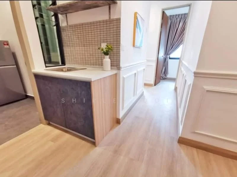 Kitchen features: single-bowl stainless-steel sink, chrome pull-down faucet, white quartz countertop, grey cabinetry, open shelving, tile backsplash with grid pattern, wood paneling on cabinetry, vinyl plank flooring, recessed downlights; style: modern. Room features: light-colored walls with wainscoting, doorway leading to another room, curtains on window, laminate flooring.