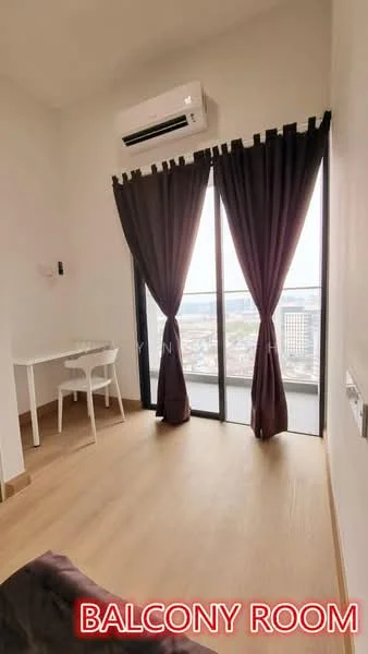 Balcony features: floor-to-ceiling sliding glass door, blackout curtains, 1 wall-mounted split AC, wooden flooring, white walls, desk with chair, city view; style: modern; view: city.