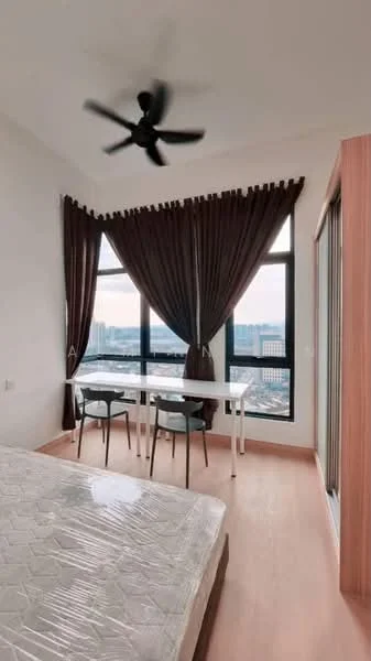 Bedroom features: queen-size bed with mattress protector, 5-blade ceiling fan, floor-to-ceiling windows, dark brown curtains, light wood flooring, white walls, study table, 4 dining chairs, city view, built-in wardrobe with sliding doors; style: modern; view: city.