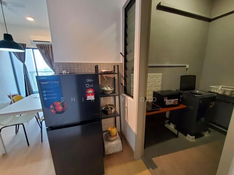 Kitchen features: black fridge, white cabinetry, grey tiled backsplash, countertop with storage, sink, window with view, light wood flooring, open layout, dining table visible in background; style: modern; view: city. Laundry features: washing machine, dryer, countertop for folding, storage shelves, grey walls; style: modern.