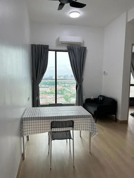 Dining features: white walls, light wood flooring, 5-blade ceiling fan, window with city view, grey curtains, dining table with checkered tablecloth, single chair, wall-mounted split AC; style: modern; view: city. Living features: black fabric sofa; style: modern; view: city.