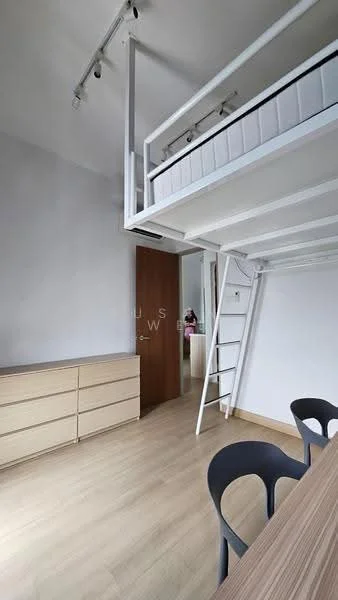 Room features: lofted bed frame, wooden flooring, white walls, built-in dresser with multiple drawers, ladder for accessing lofted bed, ceiling track lighting, door leading to another room; style: modern.