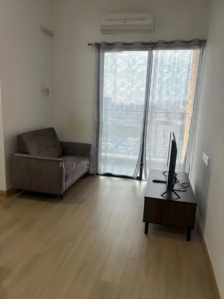 Living features: grey fabric sofa, wooden TV console, wall-mounted TV, floor-to-ceiling windows, sheer curtains, light wood flooring, wall-mounted air conditioning unit; style: modern; view: city.