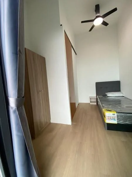 Bedroom features: single bed, upholstered headboard, wooden wardrobe, ceiling fan, laminate flooring, white painted walls, curtains, nightstand, natural light from window; style: modern.