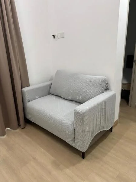 Room features: 2-seater fabric sofa with slipcover, light grey colour, wooden legs, plain design, curtains in beige colour, laminate flooring, white painted walls; style: modern.