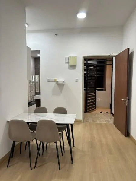 Dining features: 4-seater dining table with white marble top, beige upholstered dining chairs, light wood flooring, recessed ceiling lights, white painted walls, wall-mounted air conditioning unit, open doorway leading to another room; style: modern. Room features: light wood flooring, white painted walls, open doorway leading to bathroom.