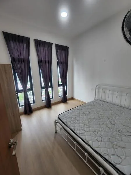 Bedroom features: single bed frame, mattress without bedding, wooden flooring, white painted walls, three windows with black frames, purple sheer curtains, ceiling light, wall-mounted ceiling fan; style: modern; view: city.