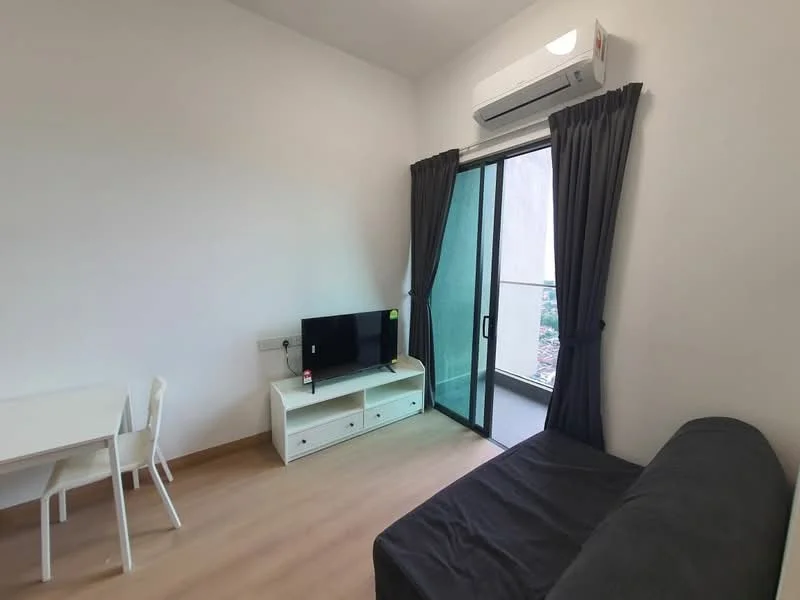 Living features: sofa in dark grey, white TV console, wall-mounted TV, dining table for two, white dining chairs, floor-to-ceiling sliding glass door, blackout curtains, wall-mounted split AC, light wood flooring, decorative wall with no visible artwork; style: modern; view: garden.