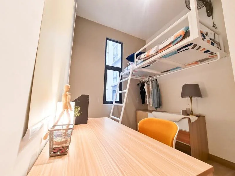 Bedroom features: lofted bed with white frame, wooden flooring, light beige painted walls, large window with black frame, desk with wooden surface, orange upholstered chair, clothes hanging rack, table lamp with grey shade, built-in wardrobe, decorative plant in pot; style: modern.
