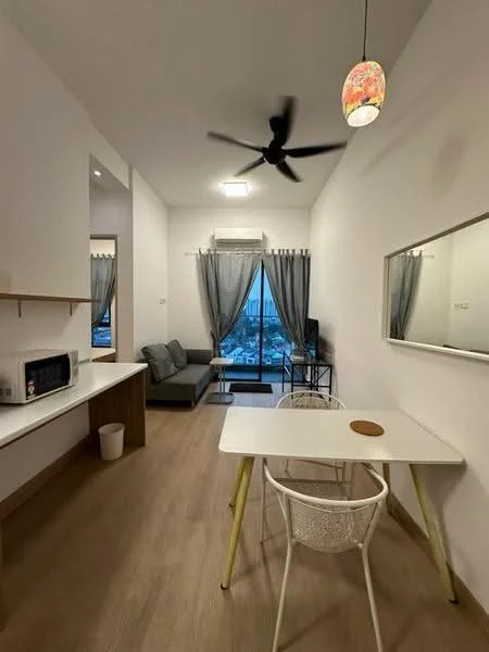 Living features: grey fabric sofa, white dining table with yellow legs, white woven dining chair, ceiling fan, pendant light, floor-to-ceiling window, curtains, wall-mounted mirror, wooden flooring, air conditioning unit, decorative wall art; style: modern; view: city.