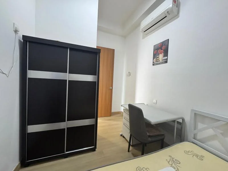 Bedroom features: wooden flooring, white painted walls, 1 wall-mounted split AC, built-in wardrobe with sliding doors, study desk, chair, bed with mattress, decorative artwork on wall; style: modern.
