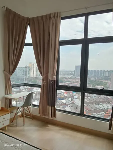 Room features: floor-to-ceiling windows, curtains in beige and grey, wooden flooring, small desk, chair, city view; style: modern; view: city.