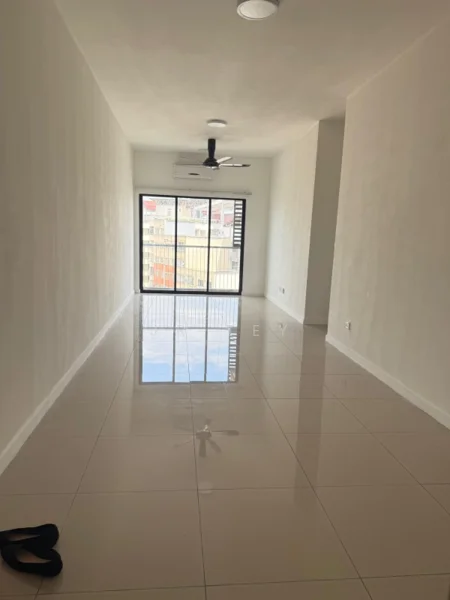 Living features: white painted walls, glossy ceramic tile flooring, 5-blade ceiling fan with light, floor-to-ceiling windows, sliding glass door, air conditioning unit, natural light, open layout; style: modern; view: city.