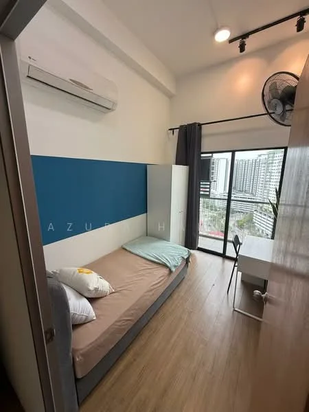 Bedroom features: single bed with mattress, blue accent wall, white painted walls, wooden flooring, floor-to-ceiling window, curtains, wall-mounted air conditioning unit, ceiling fan, study desk, chair, potted plant; style: modern; view: city.