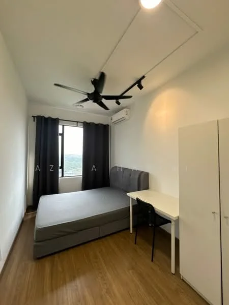 Bedroom features: queen-size bed with grey bedding, black ceiling fan, floor-to-ceiling window, black curtains, white painted walls, wooden flooring, study desk with chair, air conditioning unit; style: modern; view: city.