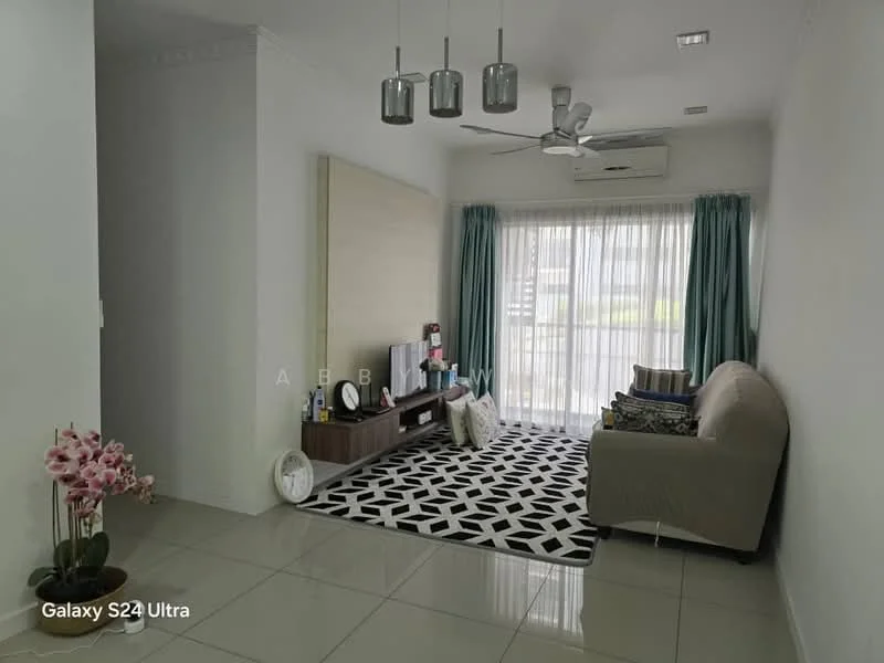 Living features: light grey fabric sofa, black and white geometric area rug, wooden TV console, wall-mounted TV, floor-to-ceiling windows with sheer curtains, white walls, recessed downlights, ceiling fan, decorative houseplants, decorative wall art; style: modern; view: garden.