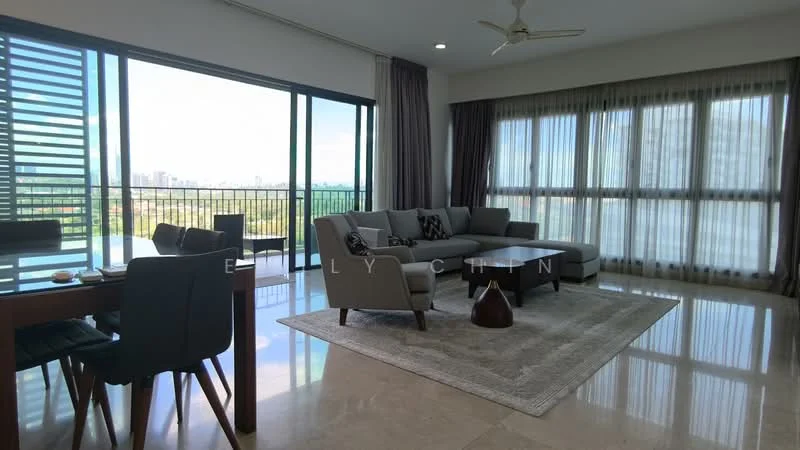 Living features: 3-seater fabric sofa in grey, 2-seater fabric sofa in light grey, coffee table, area rug with geometric pattern, floor-to-ceiling windows, sheer curtains, recessed downlights, ceiling fan, dining table for 4, wooden dining chairs, TV console, wall-mounted TV, decorative vase; style: modern; view: city.