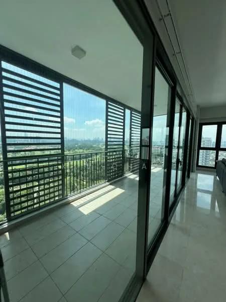 Room features: floor-to-ceiling windows, sliding glass door, tile flooring, glass railing, open balcony, city view, natural light, screened enclosure; style: modern; view: city.