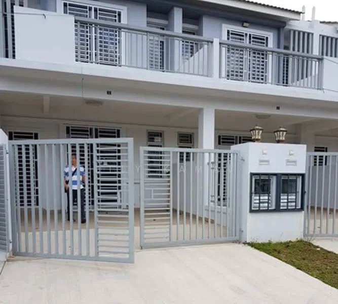Exterior type: linked terrace house; features: grey painted facade, metal grille gate, two-storey structure, balconies with railings, outdoor lighting fixtures, paved walkway, manicured lawn, windows with louvered shutters; style: modern.