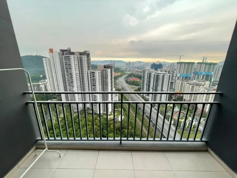 Balcony features: balcony railing, floor-to-ceiling view, grey tiled flooring, city skyline view, greenery view, high-rise buildings in view, road view; style: modern; view: city.