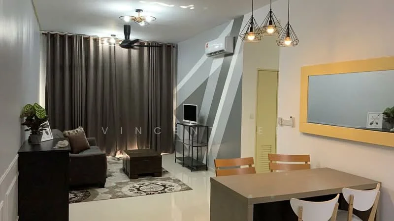 Living features: 3-seater fabric sofa in grey, coffee table, TV console, wall-mounted TV, area rug with geometric pattern, 5-blade ceiling fan with light, recessed downlights, curtains in dark grey, decorative mirror with yellow frame, wall with geometric pattern, white painted walls, polished tile flooring, air conditioning unit on wall; style: modern. Dining features: dining table with 4 chairs, white chairs, decorative plant on table; style: modern.
