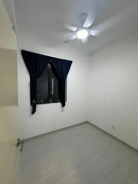 Bedroom features: white painted walls, light grey laminate flooring, 5-blade ceiling fan with light, blackout curtains, floor-to-ceiling window; style: modern.