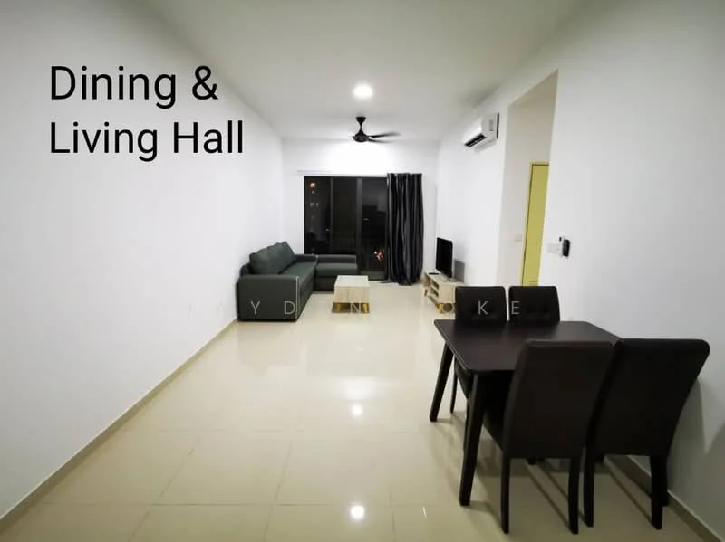 Living features: 3-seater fabric sofa in dark green, coffee table, TV console, wall-mounted TV, floor-to-ceiling windows, blackout curtains, 5-blade ceiling fan with light, cream painted walls, glossy beige tile flooring, air conditioning unit; style: modern. Dining features: 4-seater dining table, dark wood dining chairs, cream painted walls, glossy beige tile flooring; style: modern.