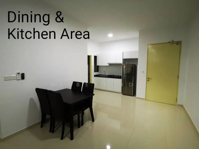 Dining features: 4-seater dining table, black dining chairs, white walls, cream tiled flooring, recessed downlights, kitchen cabinetry with white finish, stainless-steel appliances, built-in oven, stainless-steel fridge, kitchen countertop, open layout to kitchen; style: modern. Kitchen features: white cabinetry, stainless-steel sink, chrome pull-down faucet, built-in oven, stainless-steel fridge, kitchen countertop, recessed downlights; style: modern.