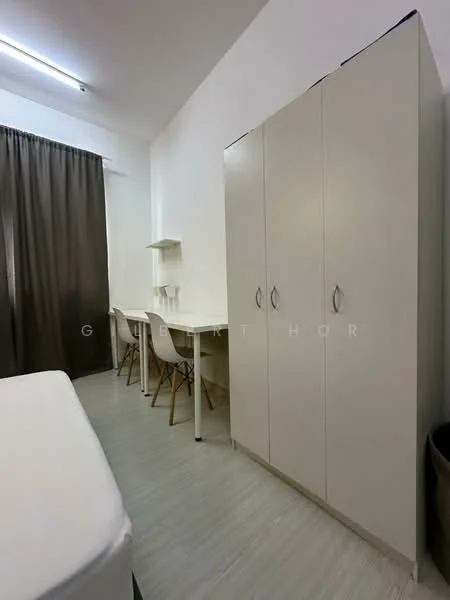 Room features: white walls, light grey flooring, floor-to-ceiling window with sheer curtains, built-in wardrobe with sliding doors, study desk with two chairs, shelf above the desk, waste bin; style: minimalist.