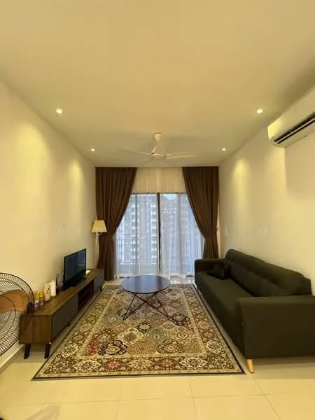 Living features: 3-seater fabric sofa in dark green, round coffee table, area rug with intricate pattern, wall-mounted TV, ceiling fan with light, recessed downlights, floor-to-ceiling windows, sheer curtains, dark brown curtains, side table with lamp, white painted walls, glossy tile flooring, air conditioning unit; style: modern; view: city.
