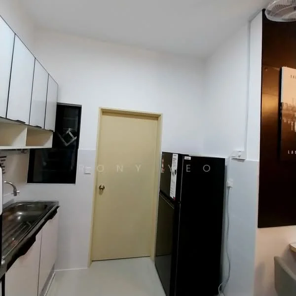 Kitchen features: white cabinetry with flat-panel doors, stainless-steel sink, chrome pull-down faucet, black refrigerator, white walls, white tile flooring, window with black frame, door with cream finish, wall-mounted fan; style: modern.