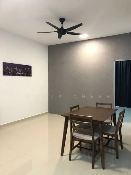 Dining features: dining table with four chairs, grey accent wall, white painted walls, ceiling fan, tile flooring, framed artwork on wall, curtains, recessed lighting; style: modern.