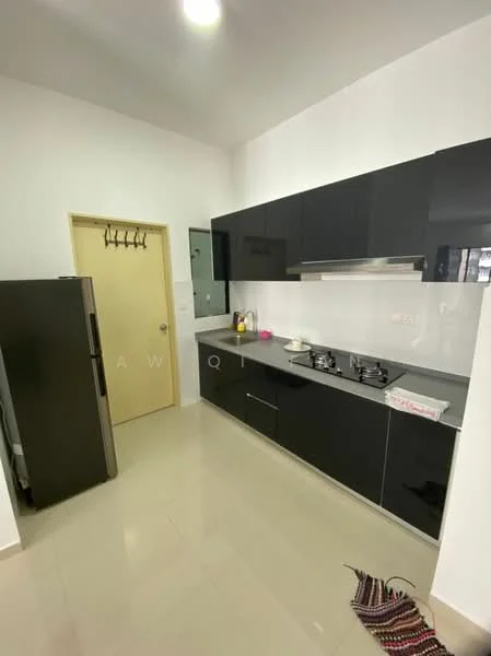 Kitchen features: black high-gloss cabinetry, grey countertop, stainless-steel sink, chrome pull-down faucet, built-in gas hob, exhaust hood, refrigerator, wall-mounted mirror, tile flooring, white painted walls, under-cabinet lighting; style: modern.