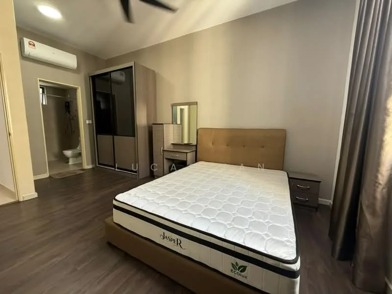 Bedroom features: queen-size bed with upholstered headboard, wooden bedside tables, built-in wardrobe with sliding doors, dressing table with mirror, laminate flooring, curtains in brown, ceiling fan, wall-mounted air conditioning unit, neutral painted walls, light fixture on ceiling; style: modern. Bathroom features: toilet, shower area, neutral tiles, sink with faucet.