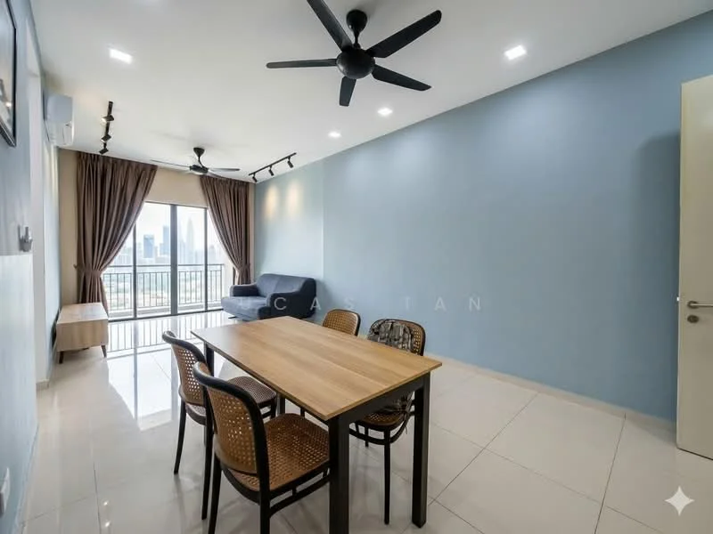 Living features: floor-to-ceiling windows, grey fabric sofa, 4-seater dining table with wooden top, black metal chairs, light-coloured walls, recessed LED downlights, 2 ceiling fans, curtains, white tiled flooring, balcony view; style: modern; view: city.