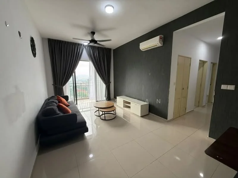 Living features: grey fabric sofa, round coffee table, wall-mounted TV console, floor-to-ceiling windows, curtains, 5-blade ceiling fan with light, wall-mounted air conditioning unit, glossy tile flooring, decorative wall clock, neutral wall colour with accent wall; style: modern; view: city.