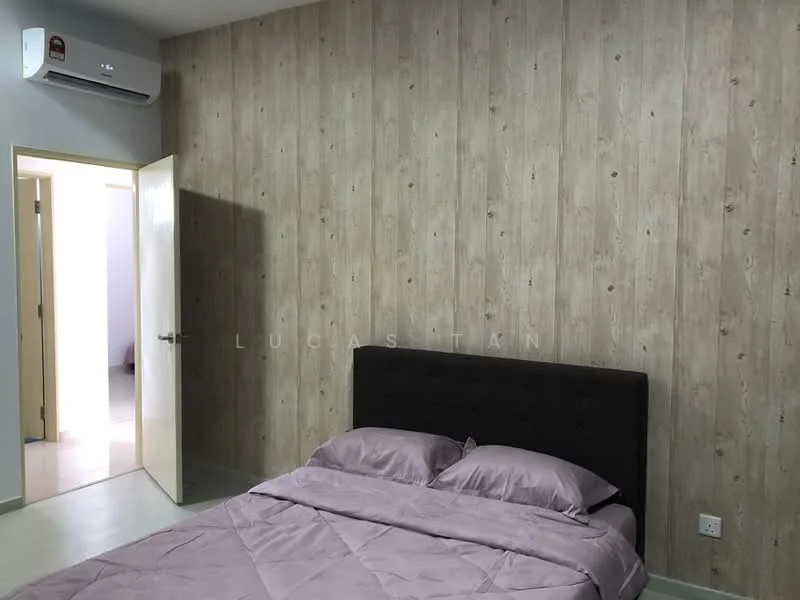 Bedroom features: queen-size bed with upholstered headboard, light purple bedding, wood panel accent wall, cream painted walls, 1 wall-mounted split AC, laminate flooring, door leading to another room, light-colored door, minimalist decor; style: modern.