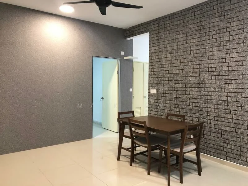 Dining features: dining table with four chairs, grey accent wall with brick pattern, cream tiled flooring, ceiling fan, doorway leading to another room, light fixture on ceiling; style: modern.