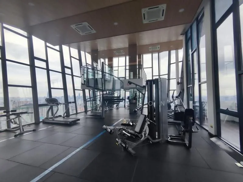 Gym features: floor-to-ceiling windows, cardio machines, weight training equipment, rubber flooring, mirrored wall, air conditioning units, open layout, city view; style: modern; view: city.