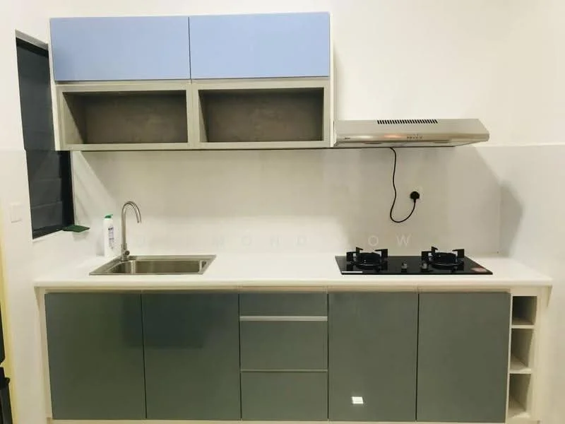 Kitchen features: single-bowl stainless-steel sink, chrome pull-down faucet, grey laminate cabinetry, blue upper cabinets, concrete backsplash, white quartz countertop, built-in gas hob with two burners, stainless-steel range hood, open shelving, wall-mounted electrical outlet; style: modern.